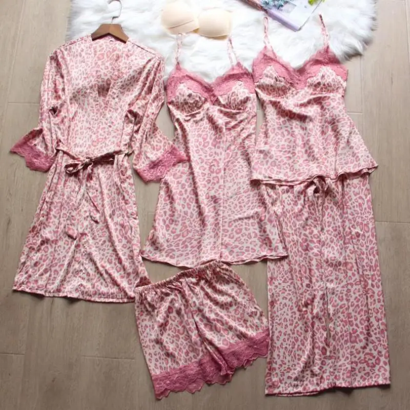 

Leopard 5pcs Pajamas Set Women Summer Satin Sleepwear Thin Silky Soft Kimono Bathrobe Gown Sexy Lace Trim Sleep Set Home Clothes