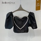 Женские повседневные рубашки TWOTWINSTYLE, лоскутные блузки с v-образным вырезом и пышными короткими рукавами для похудения, Новинка лета 2021