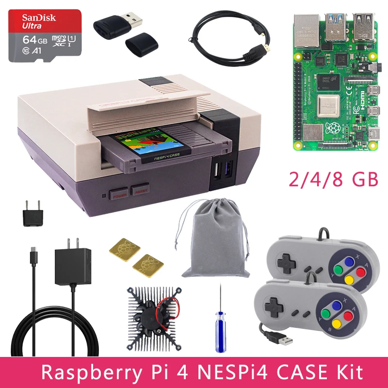 Bestellen Original Raspberry Pi 4 NESPi4 FALL Kit 2/4/8GB + 32/64GB SD Karte + Reader + Kühlkörper + Gamepads Für Raspberry Pi 4 Modell B