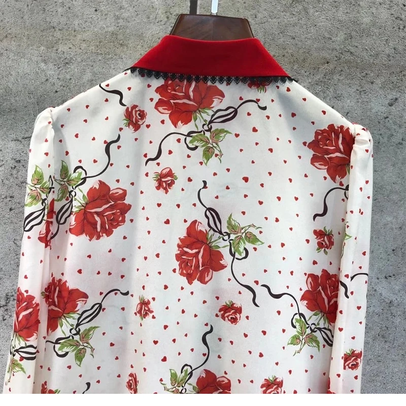 

100% silk women blouse women red white flower printed office shirts sweet women blouse