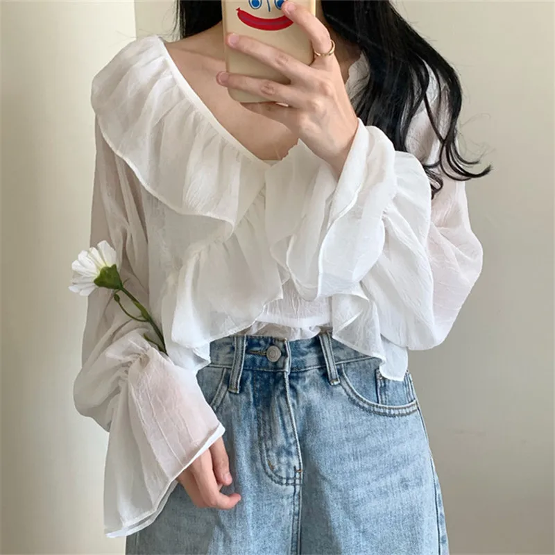 

New Korean style Women's Clothing Blouses v-neck chiffon Shirts summer Female loose ruffles tops blouse women 2020