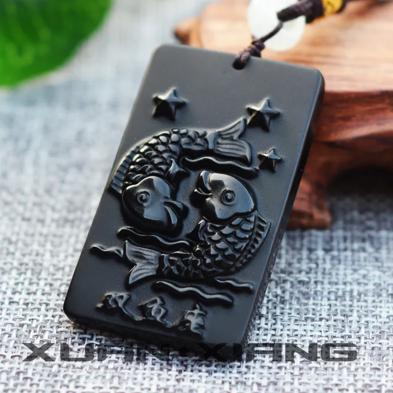 

Natural Black Obsidian Hand Carved Pisces Pendant Fashion Jewelry Men's and Women's 12 Constellation Pisces Necklace