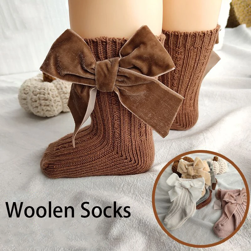 Calcetines tobilleros de algod&oacute;n con lazo grande para ni&ntilde;os, calcetines tobilleros chicas, para el suelo del beb&eacute;, gruesos, c&aacute;lidos, para Oto&ntilde;o e Invierno-1
