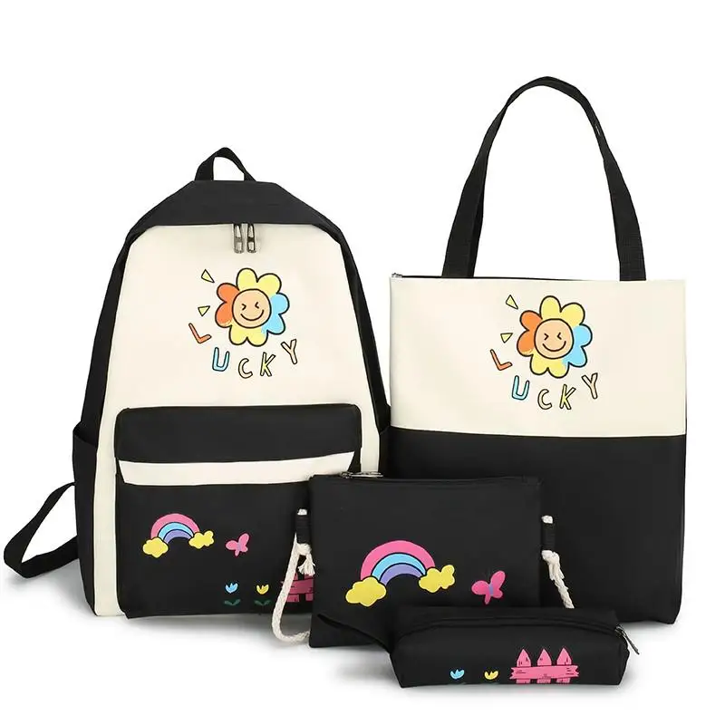 

4 Pcs School Bags Student Canvas Cute Women Backpack Print Female Student College School Backpack For Teenager Girl Kawaii