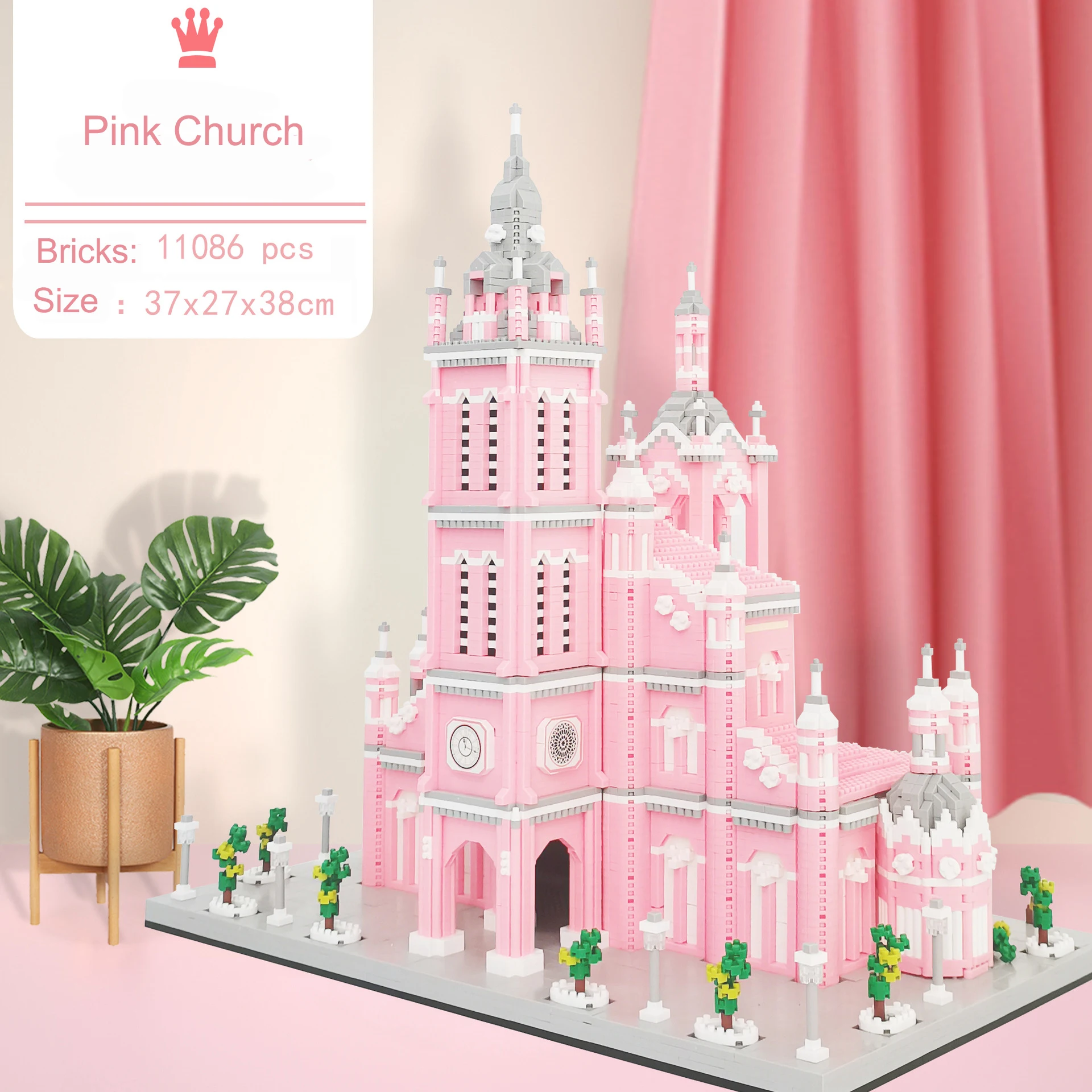 11086pcs+ Pink Sacred Heart Church Diamond Building Blocks Vietnam Famous Architecture Micro Bricks Kid Toys for Girl Gift