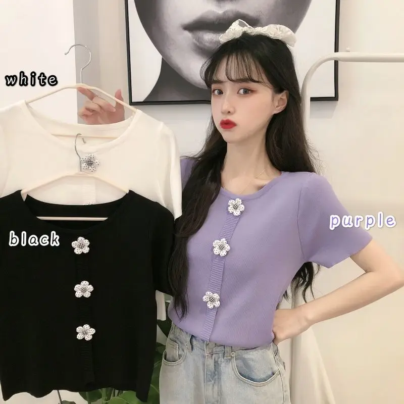 

Summer T Shirt Women Sweet Cute Flowers Loose Gentle Pure Color Knitting Short Sleeved Girl Top 2021 Fashion Clothing Wholesale