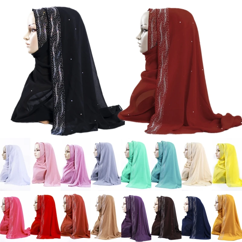 Мусульманские женщины Жемчуг шифон алмазный шарф хиджаб исламские Стразы шаль
