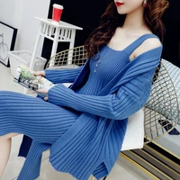2022 spring autumn knitted 2 piece set women long sleeve cardigan sweater lady knitting vest dress two pieces suit x99