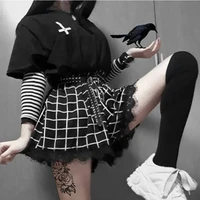 black lace trim plaid skort women e girl summer high waist shorts skirt dark academia gothic grunge aesthetic clothes streetwear