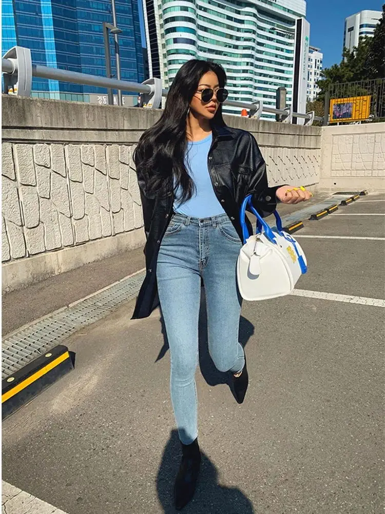 Women's Jeans High Waist Slim Fit Stretch Denim Trousers Blue Retro Washed Fashion Sexy Skinny Push Up Woman Tight Trouser | Женская