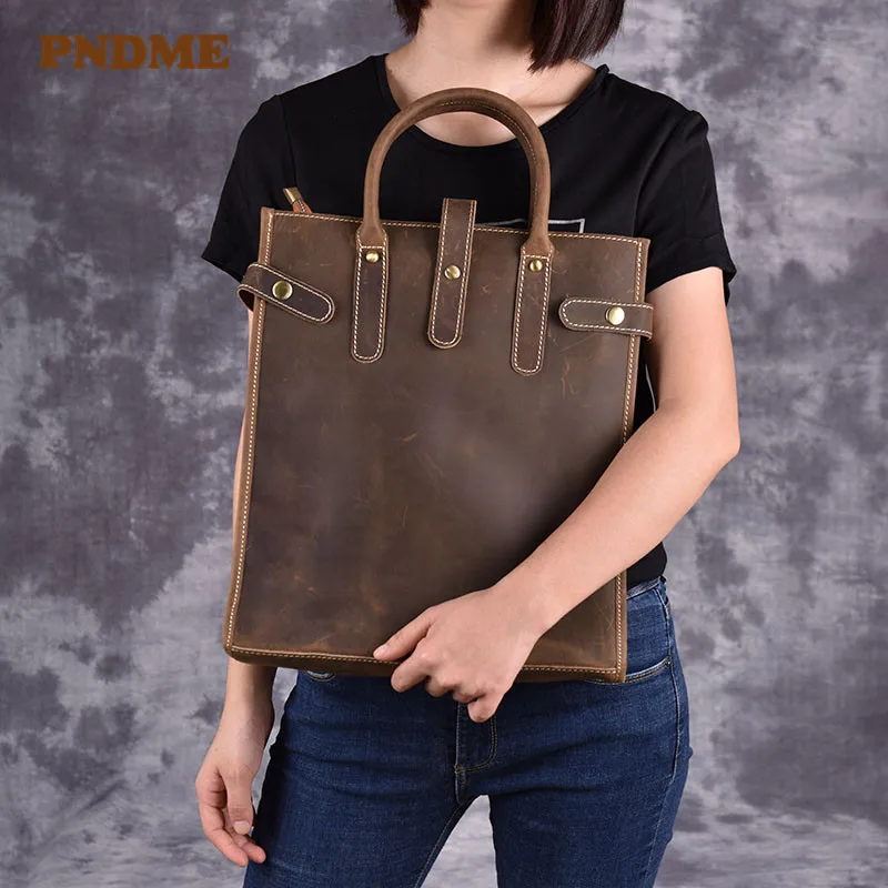 PNDME vintage crazy horse cowhide men women hand briefcase business casual genuine leather laptop tote shoulder messenger bag