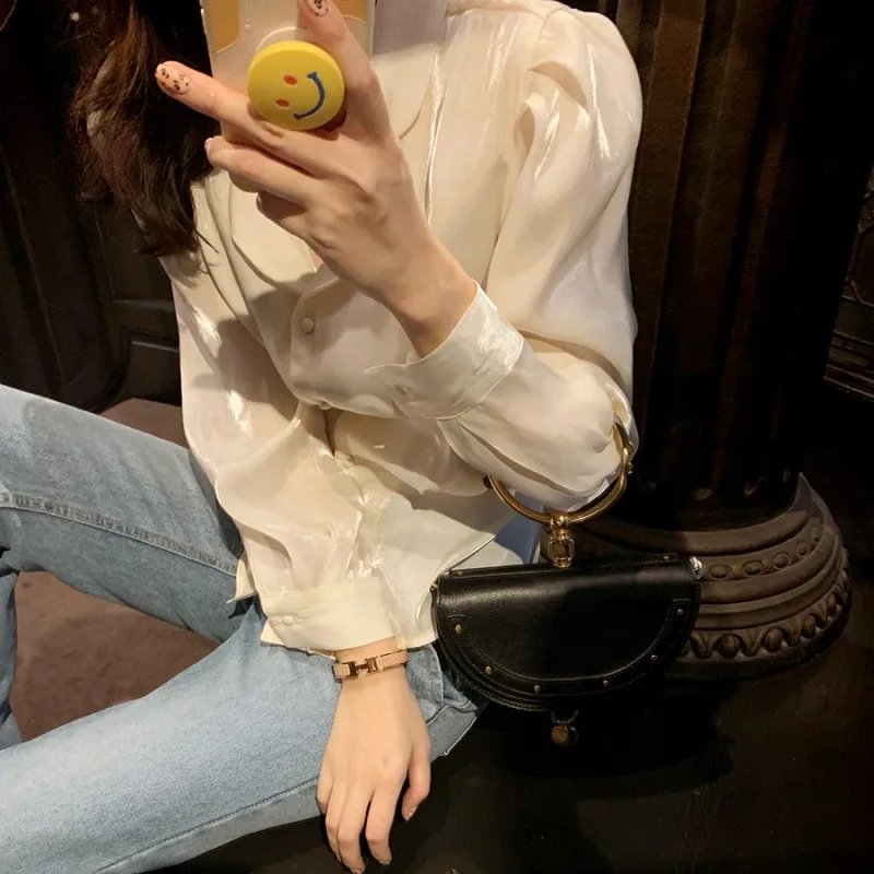 

2021 spring temperament turn down collar silk shirt elegant fashion termperament solid shirt 2021 new spring tops women's shirt