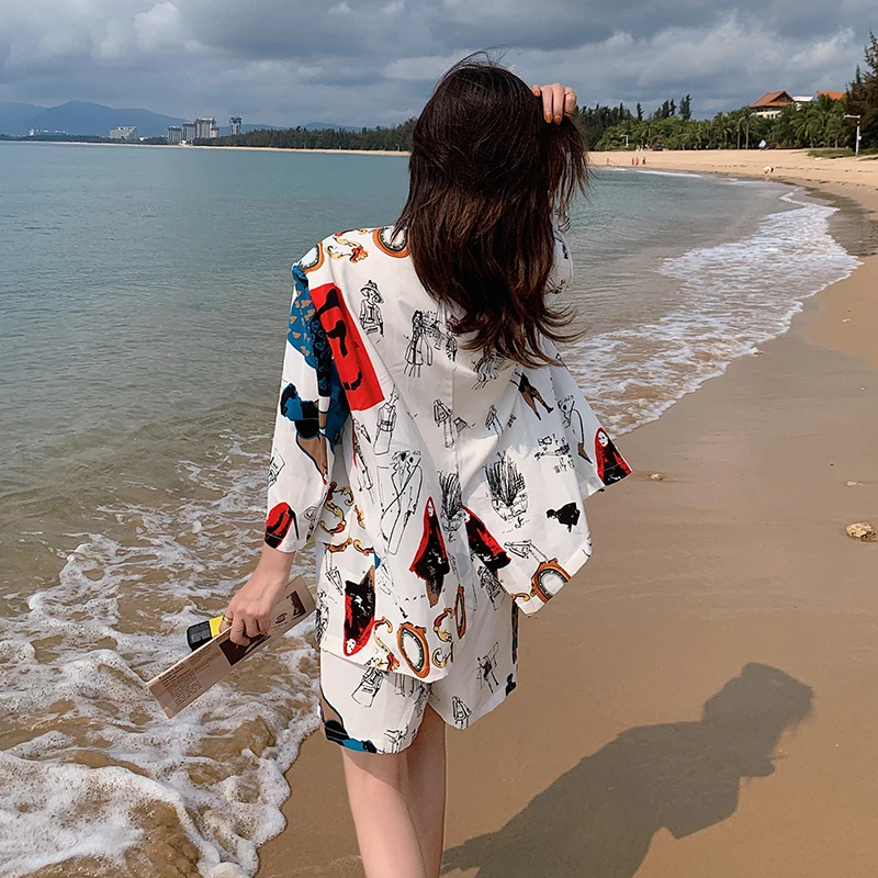 

2 Piece Set Women Suit Blazer and Shorts Summer Fashion Print Elegant Korean Loose Casual Shirt Coat Wide Leg Shorts Outfits