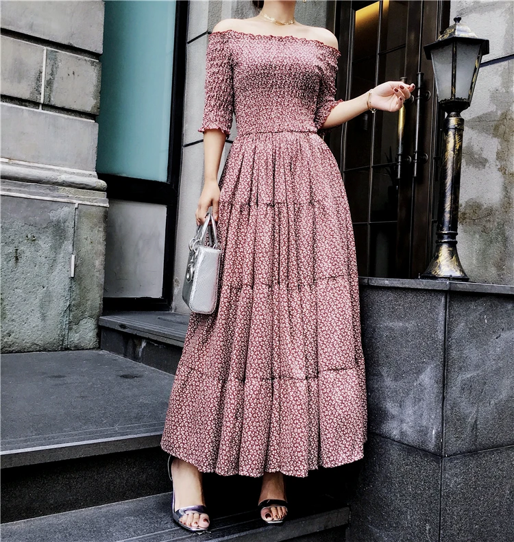 

Ladies Slim HIgh Waist Slash Neck Strapless Floral Print Beach Casual Swing Dress Long Female Summer Maxi Dresses For Women