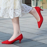 newest women all match wedding red low heel pointed high heels pumps new flock casual office fashion large size shoes