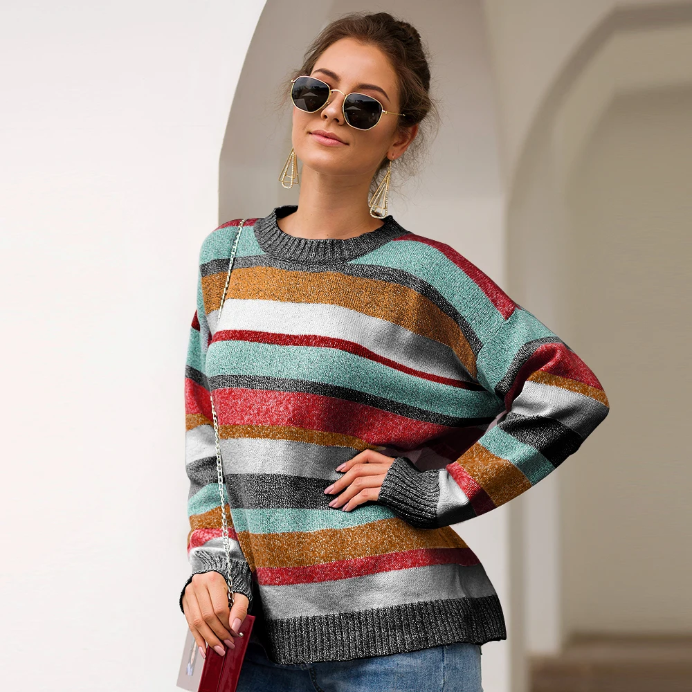 2019 осенний полосатый вязаный свитер для женщин с круглым вырезом бархатные