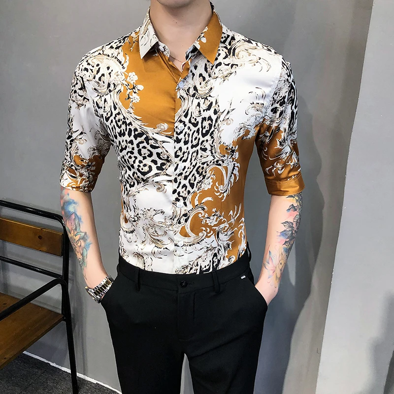 

Spring Summer Sexy Leopard Print Shirts For Men Clothing 2021 Fashon Business Casual Slim Fit Club/Prom Tuxedo Half Sleeve 4XL-M