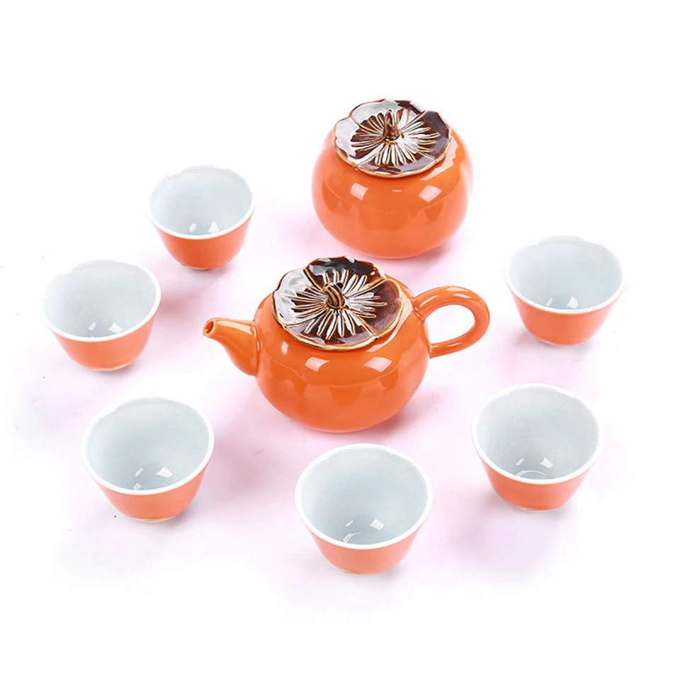 

Ceramic Teaware Creative Persimmon Model Tea Set Include 4 cups 1 tea pot 1 Tea Jar Porcelain Exquisite Drinkware Gift Present