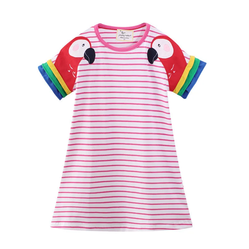 

Jumping Meters Summer Birds Applique Cotton Princess Girls Dresses Short Sleeve Baby Costume Stripe Cute Dress