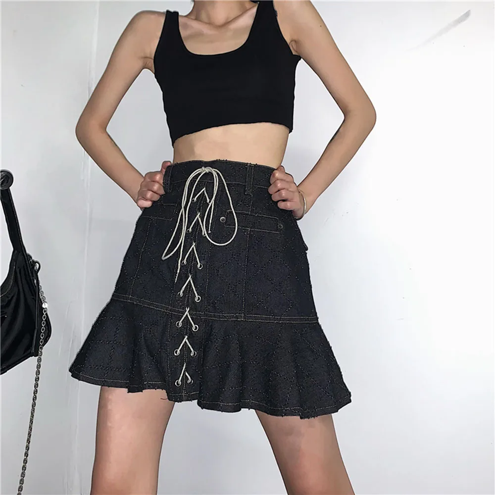 

2021 Summer New Women's Skirt High Waist Solid Color Cowboy Bandage Fashion Design Hipster Simple Casual