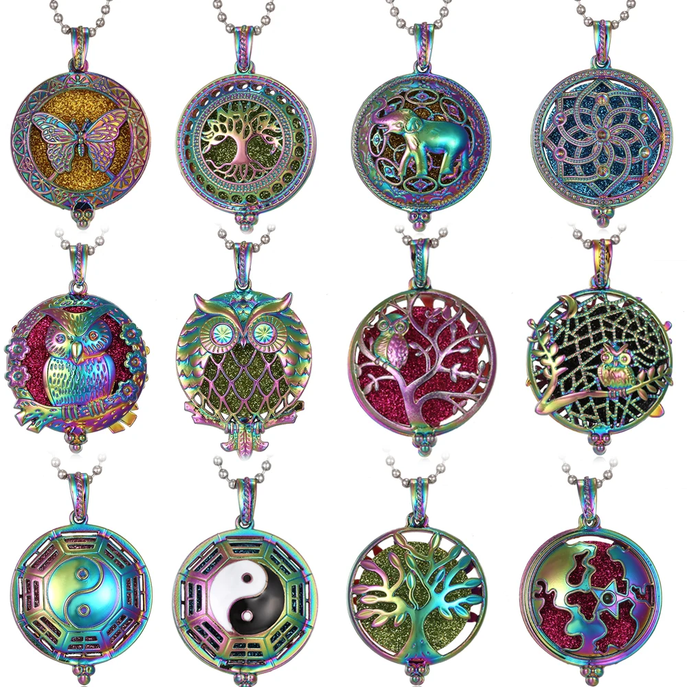 

New Colorful Aromatherapy Necklace Jewelry Tree of Life Owl Elephant Butterfly Necklace Essential Oil Diffuser Locket Necklaces