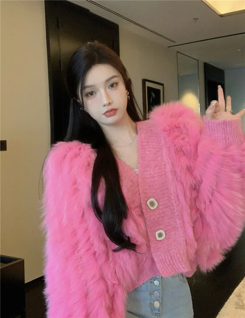 

Sannian Women Faux Fur Stitching Knitted Sweater Cardigan Small Coat Autumn And Winter 2021 New Female Cropped Top Clothes