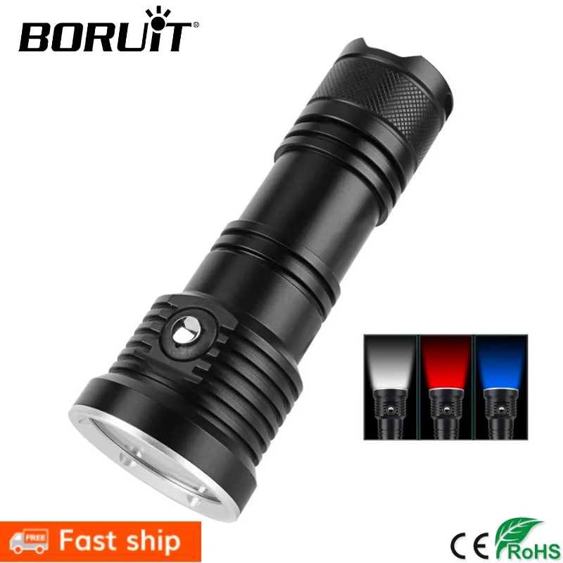 

BORUiT Scuba Diving Flashlight IPX68 Waterproof 5-Mode Diving Video Photography Torch Underwater 50M 26650 Spearfishing Light