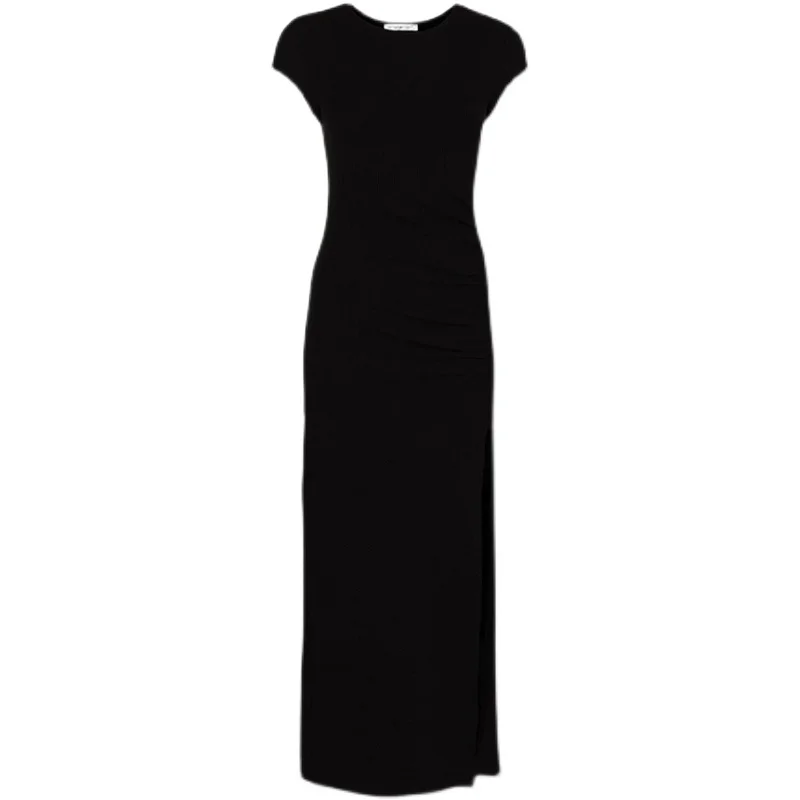 

DEAT Women Black Asymmetrical Folds Split Fork High Dress New Round Neck Short Sleeve Slim Fit Fashion Tide Summer 2021 7E3626