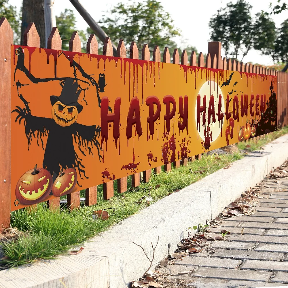 

Syezyo 2023 NEW 250x48cm Happy Halloween Bloody Bat Pumpkin Ghost Print Party Backdrop Hanging Banner Halloween Decor