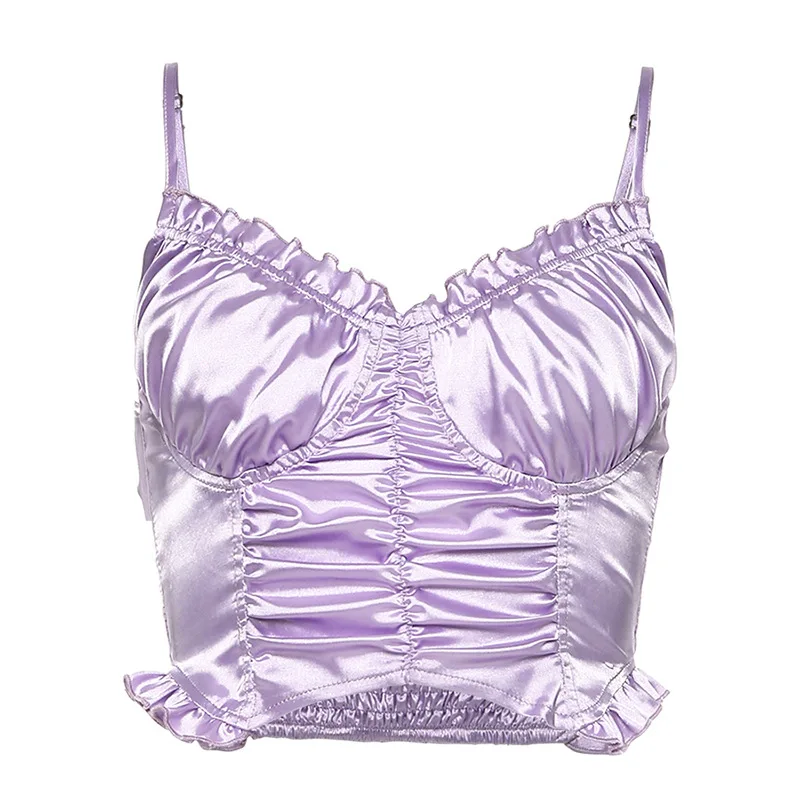 

Purple Spaghetti Strap Top Sexy Off the Shoulder Crop Tops Mujer Backless Ruffle Bustier top Women Streetwear