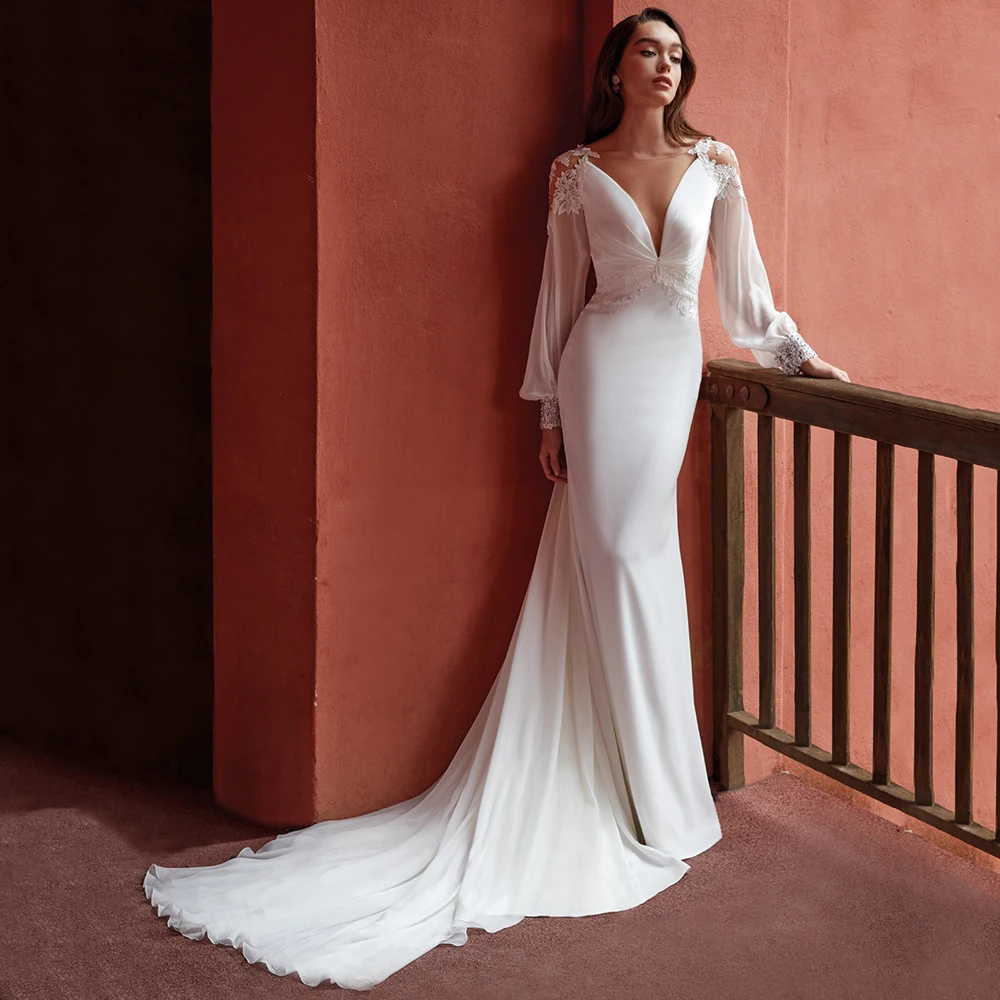 

Boho Mermaid Court Train Sheer V-Neck Lace Appliques Bridal Gowns 2021 Long Sleeve Wedding Dresses Robe De Mariée
