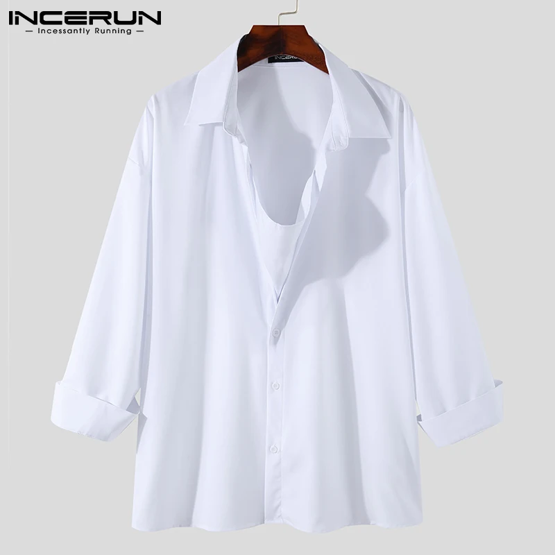 

INCERUN Fashion Men Casual Shirt Fake 2 Pieces Solid Color Lapel Long Sleeve Loose Korean Men Clothing 2021 Streetwear Camisas 7