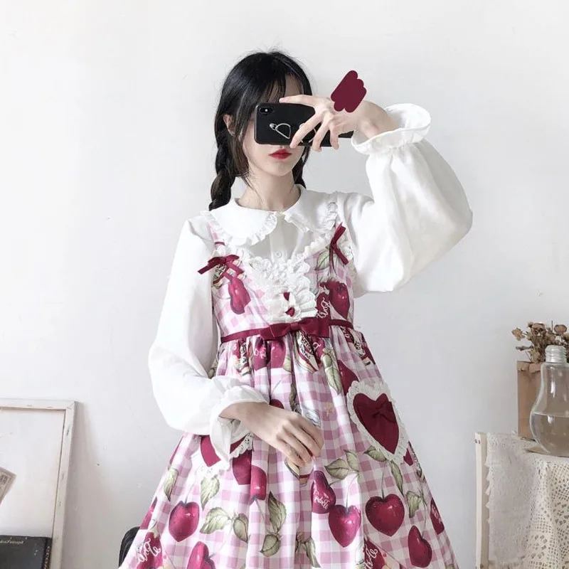 Японский колледж Питер Пэн воротник блузка для женщин абрикосовый белый рубашка