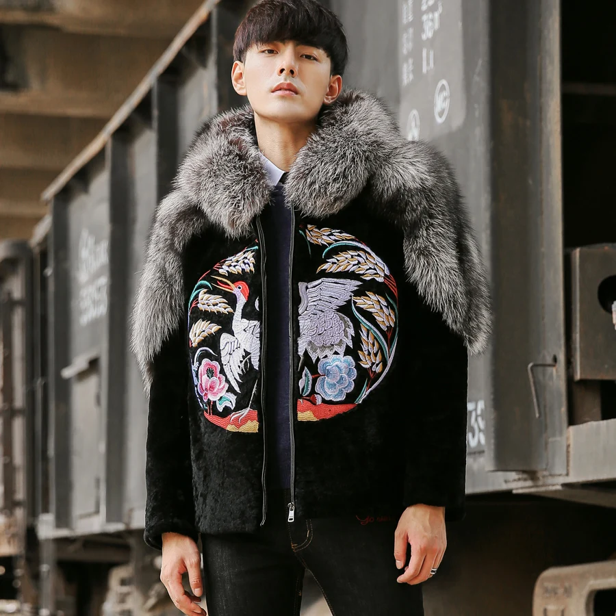 

New Wool Fur Collar Jackets Embroidery Winter Hooded Men Coat Fashion Chinese Style Thicken Warm Fur Clothing