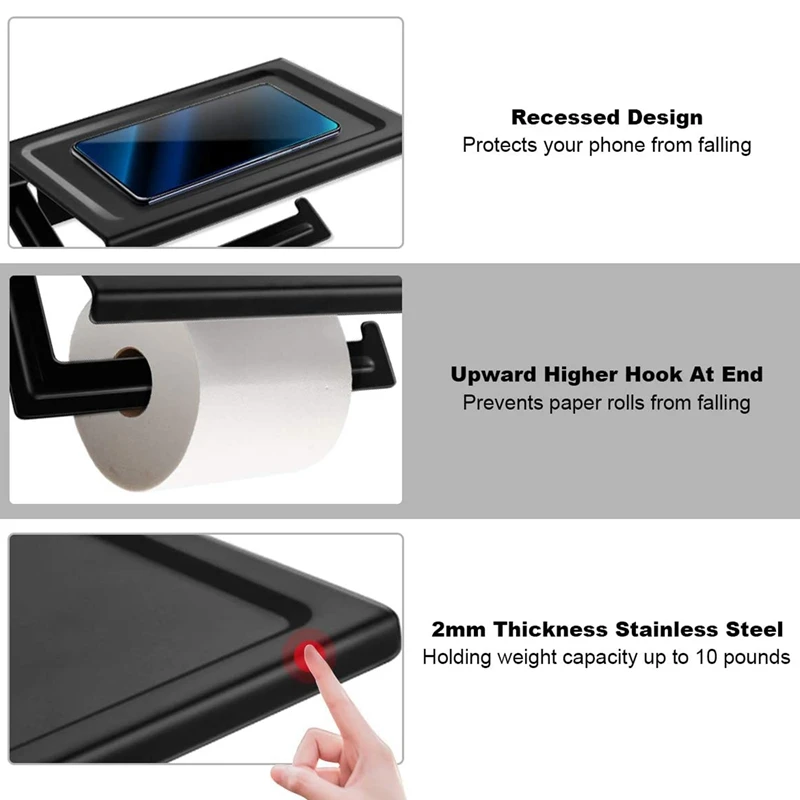 

Matte Black Toilet Paper Holder Adhesive, Wall Mounted Toilet Paper Roll Holder with Shelf, Wall Mounted for Bathroom