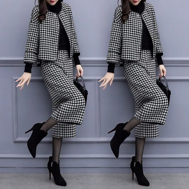 

2021 Autumn Winter Houndstooth Two Piece Sets Outfits Women Woolen Coat Cropped Wide Leg Pants Suits Office Elegant Sets Y481
