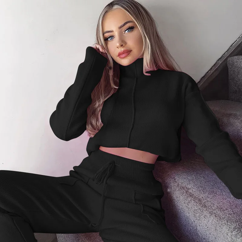 

Autumn Winter Women Running Sets Solid Color Tracksuits Workout Clothes High Collar Sweatshirts Lace-up Joggers Pants Female Set