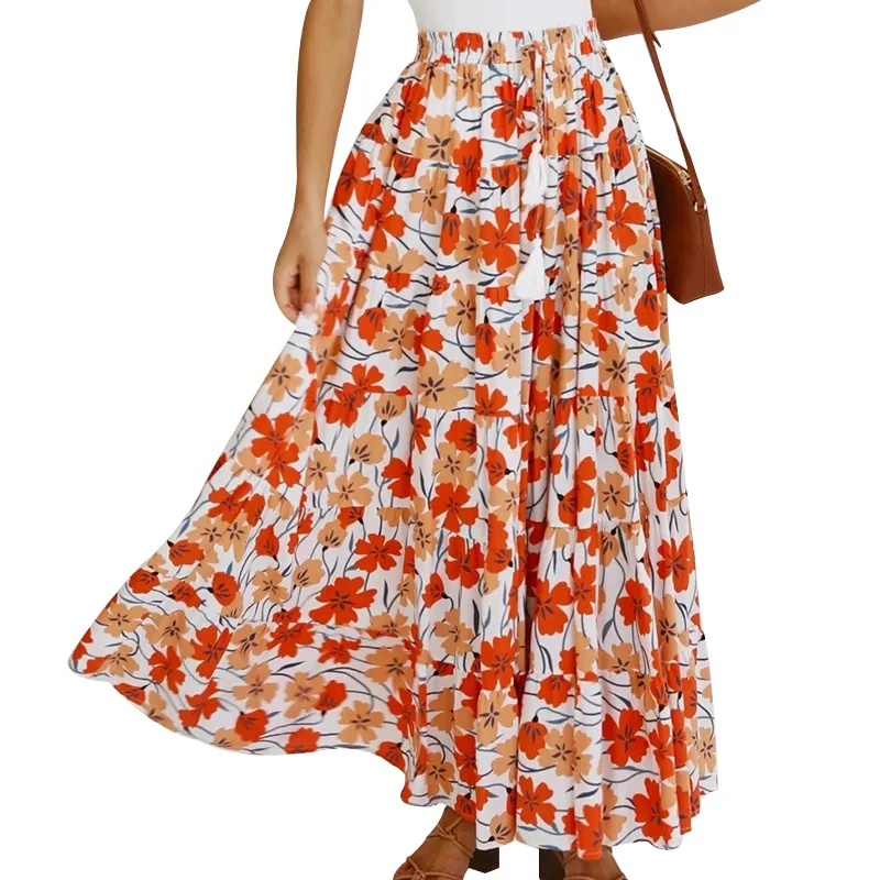

2021 women wrap hippie dress skirt new printed waist ethnic styleA-line floral pencil skirts