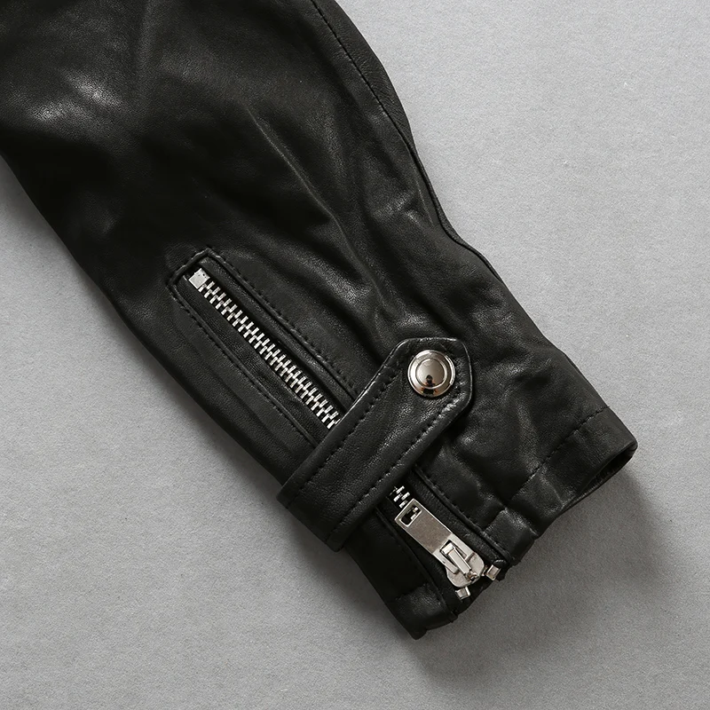 

Men AVIREXFLY New Black Motorcycle Leather Jacket Fashion Long Style Genuine Sheepskin Diagonal Zipper Jackets