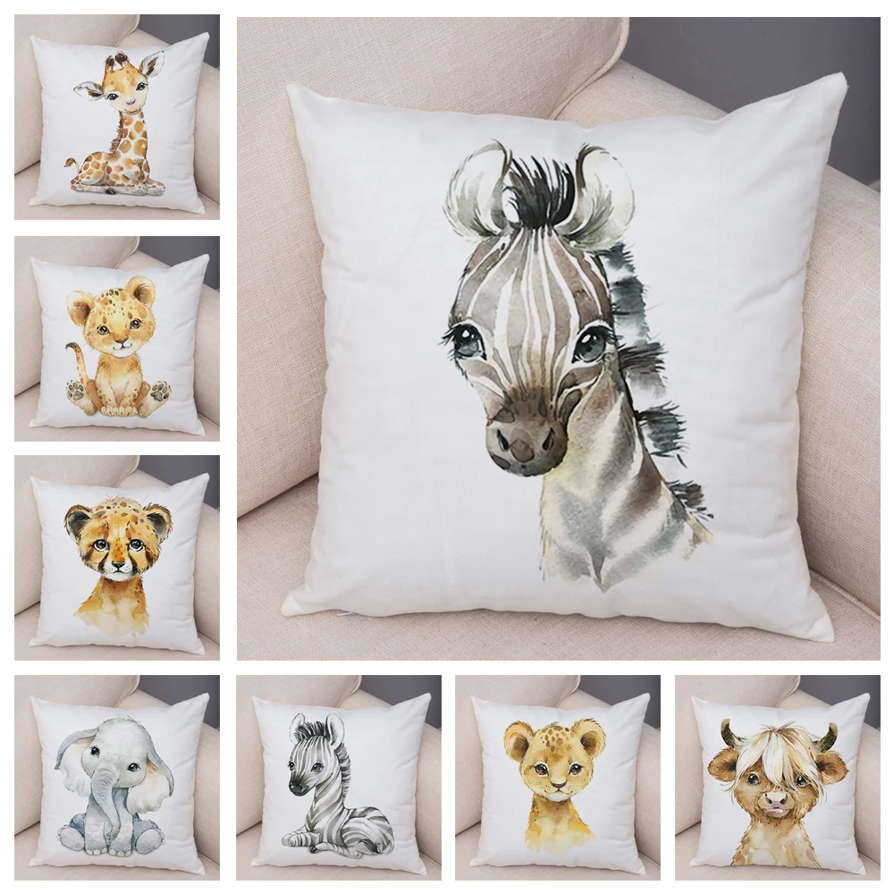 

Watercolor Cute Animal Cushion Cover for Sofa Home Decor Zebra Giraffe Hippo Monkey Lion Fox Pillow Case Soft Plush Pillowcase