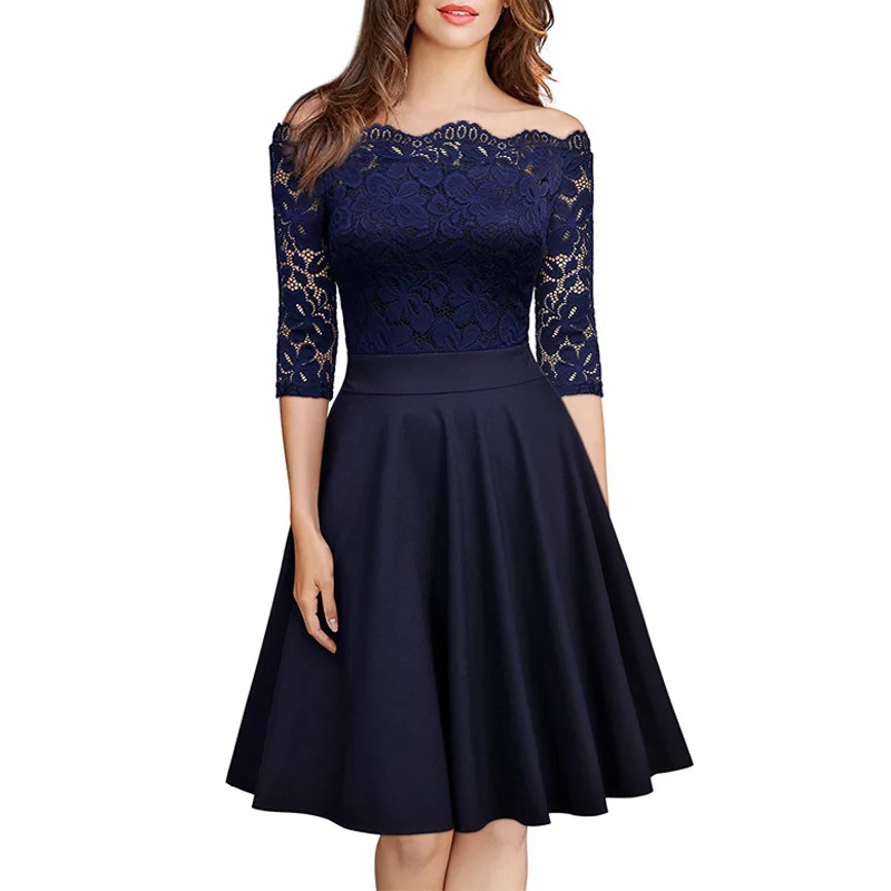 

Spring High Quality European Style Women Lace Dress Solid Color One Shoulder Slim Girl Dresses Elegant Party Streetwear Female