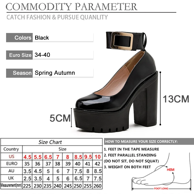 

BYQDY Autumn Women Chunky Block High Heel Pumps Platform Ankle Strap Buckle Pumps Punk Shoes Round Head Black White Footwear