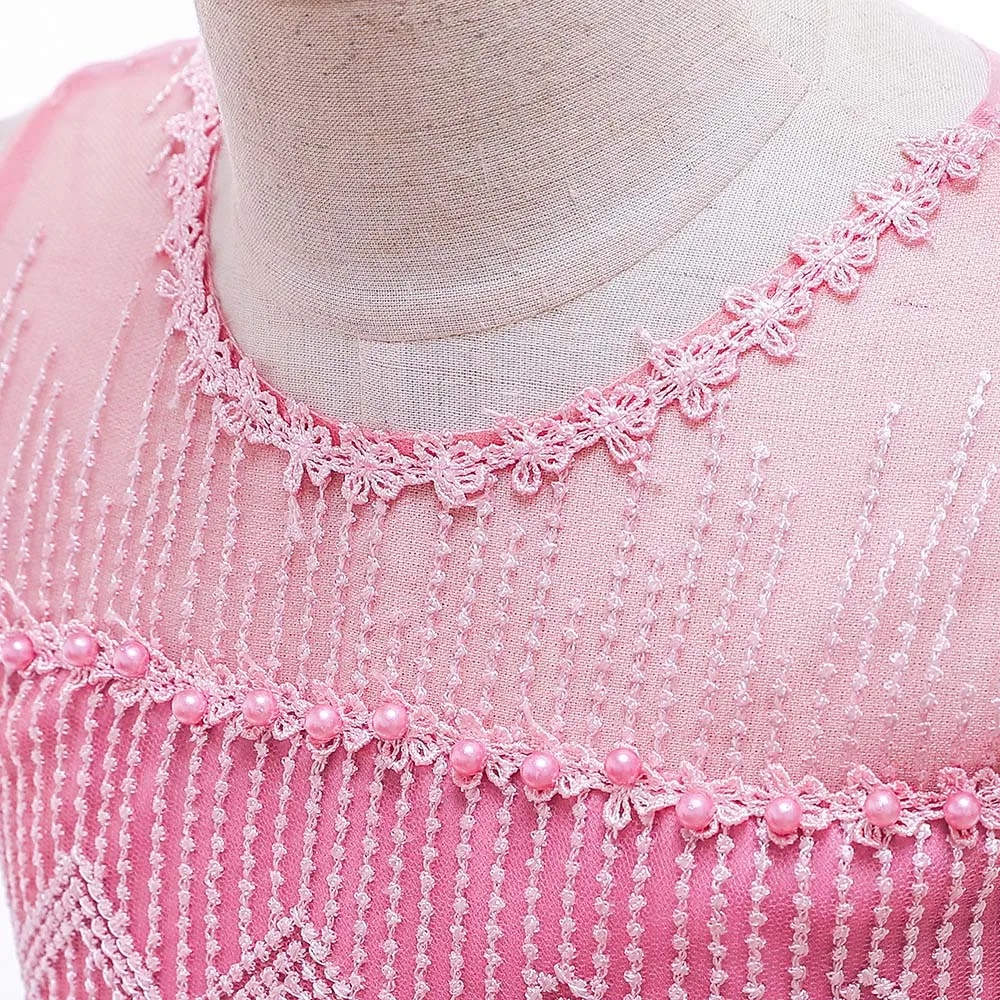 

Flower Girls Dresses Sleeveless O-Neck Knee-Length Pearls Embroidery Crystal Luxury Soybean Pink Kids Party Princess Gown F438