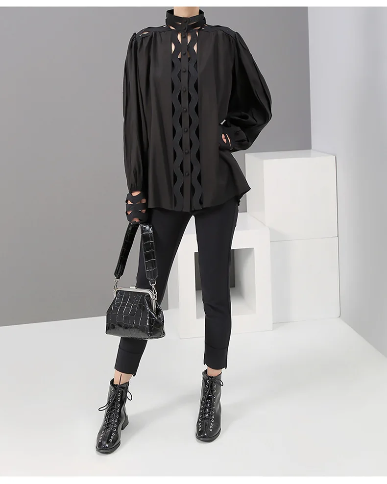 Max LuLu/модные корейские женские топы в стиле панк, хлопковые блузки, осенние женские сексуальные рубашки с дырками, Безразмерные с высоким воротом, свободная одежда