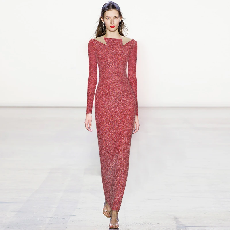 

Женское модельное платье, Элегантные зимние вечерние платья, женское платье с длинным рукавом, Сетчатое привлекательное облегающее праздн...