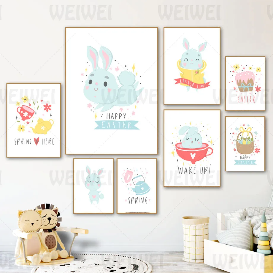 

Children's Room Canvas Painting Blue Cute Rabbit Gift Flower Basket Wall Picture Living Room Home Decoration Wake Up Text Room