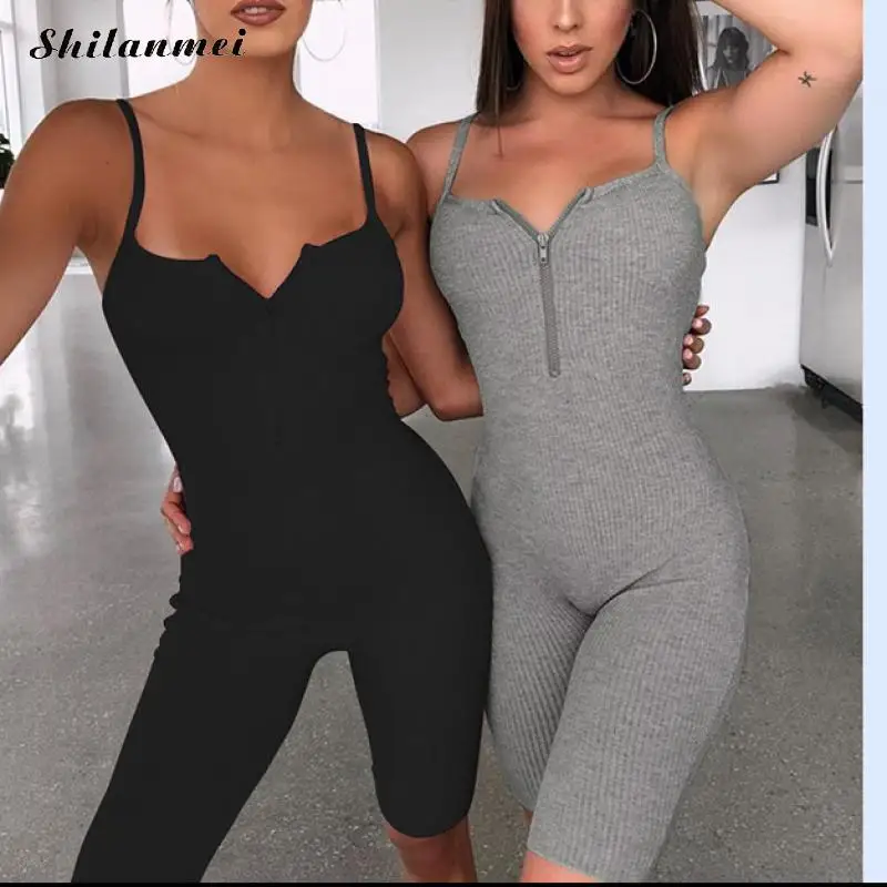 

Женский обтягивающий комбинезон на молнии, сексуальный Облегающий комбинезон на бретелях, модный уличный клубный комбинезон с открытой сп...