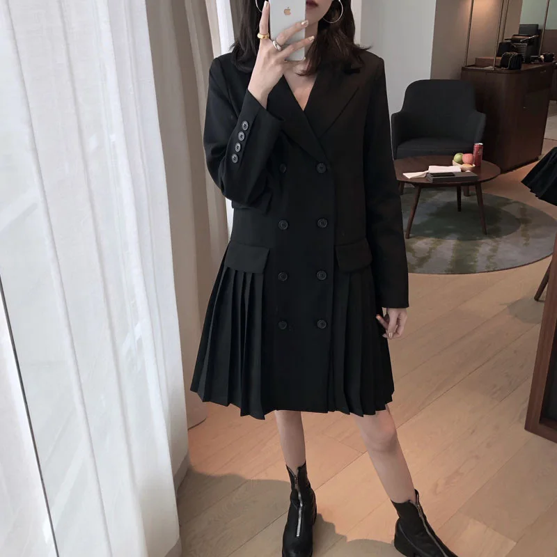 Autumn women's dress casual solid color pocket decoration stitching pleated suit dress|Женские платья| |