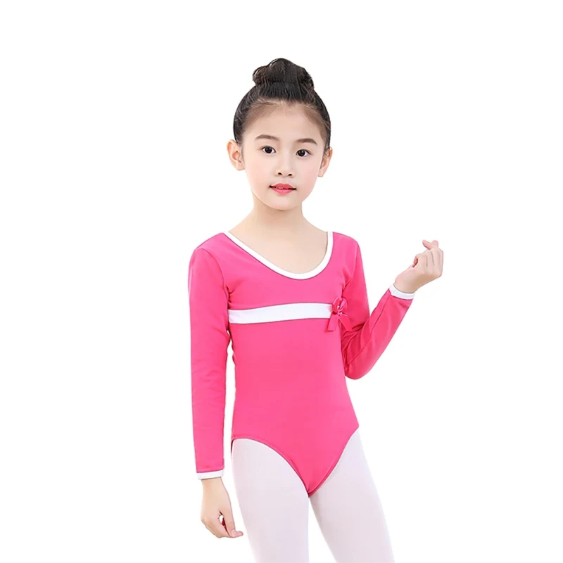 

One-piece Girls Ballet Leotards Dancewear Kids Children Long Sleeve Stripe Bow Tie Athletic Gymnastics Costumes Bodysuits