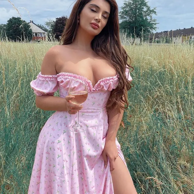 

Women Summer Dress 2021 Elegant Pink Flower Edge off Shoulder off back Split Dresses Cute Romantic Dress Fashion Women Dresses
